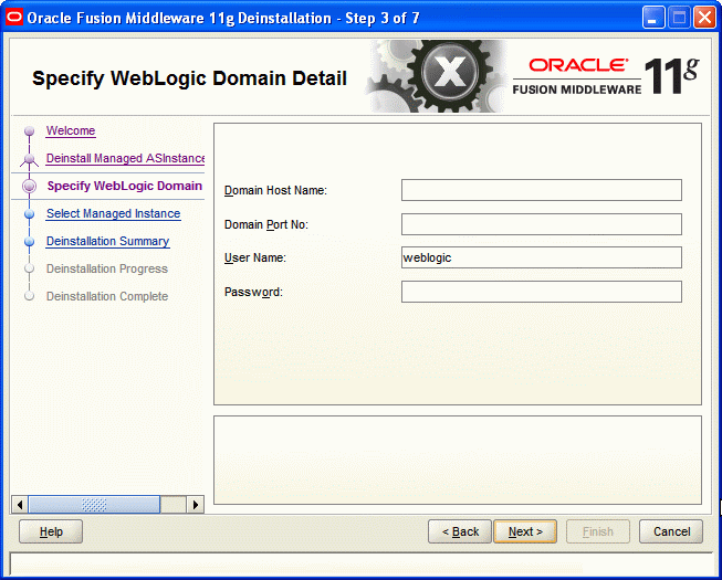 Specify WebLogic Domain screen Specify WebLogic Domain screen