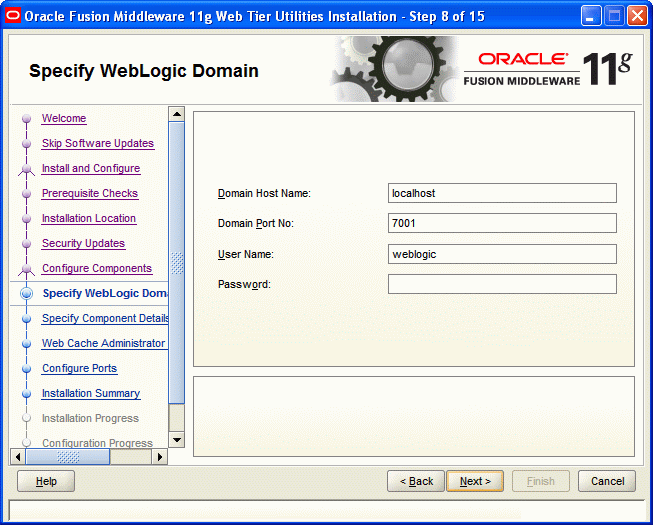 Specify WebLogic Domain screen Specify WebLogic Domain screen