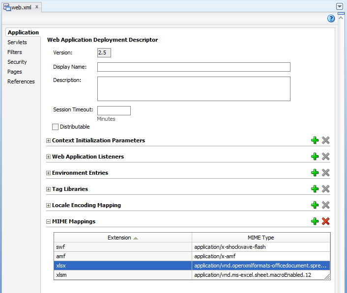 Displays Application page of deployment descriptor.