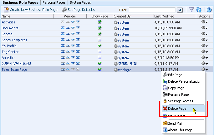 Delete Page option on page Actions menu Delete Page option on page Actions menu