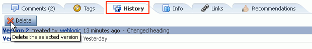 Delete button on the Version History screen