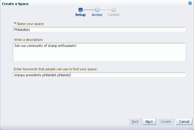Create a Space Dialog Create a Space Dialog