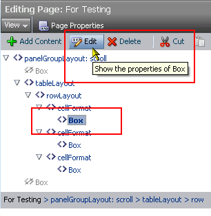 Edit button and selected Box layout component Edit button and selected Box layout component