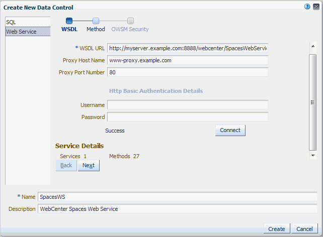 WebCenter Spaces Web Service Data Control - WSDL Page