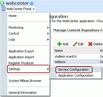 Fusion Middleware Control WebCenter Menu Fusion Middleware Control WebCenter Menu