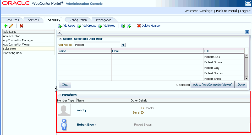 WebCenter Portal Administration Console - Members Pane WebCenter Portal Administration Console - Members Pane
