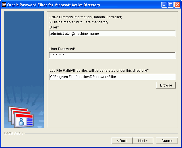 Oracle Password Filter for AD installer screen Oracle Password Filter for AD installer screen