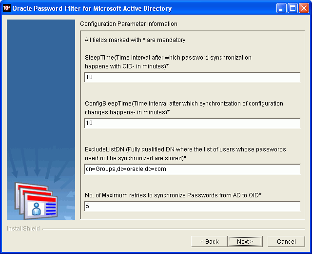 Oracle Password Filter for AD installer screen Oracle Password Filter for AD installer screen