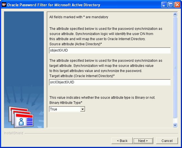 Oracle Password Filter for AD installer screen Oracle Password Filter for AD installer screen