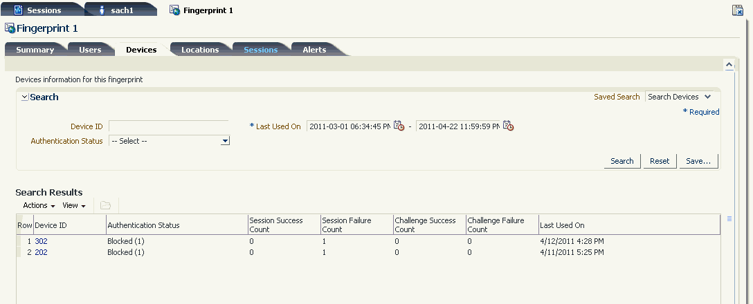 The fingerprint details devices tab is shown.