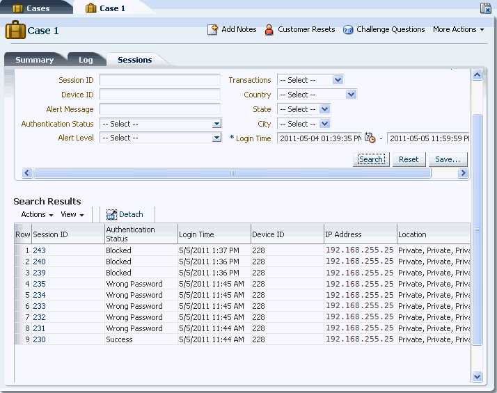 Case Sessions tab