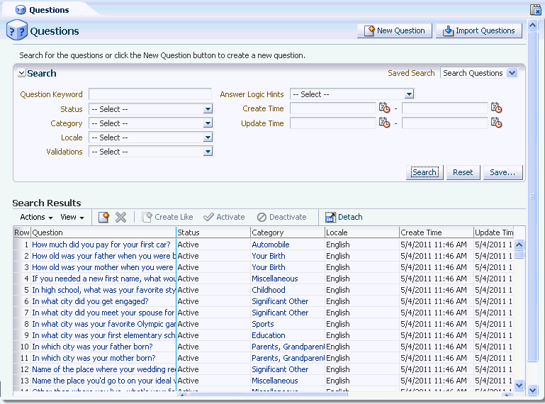 The KBA Question search page is shown.