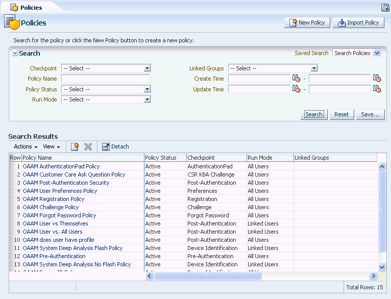 The Policies search page is shown.