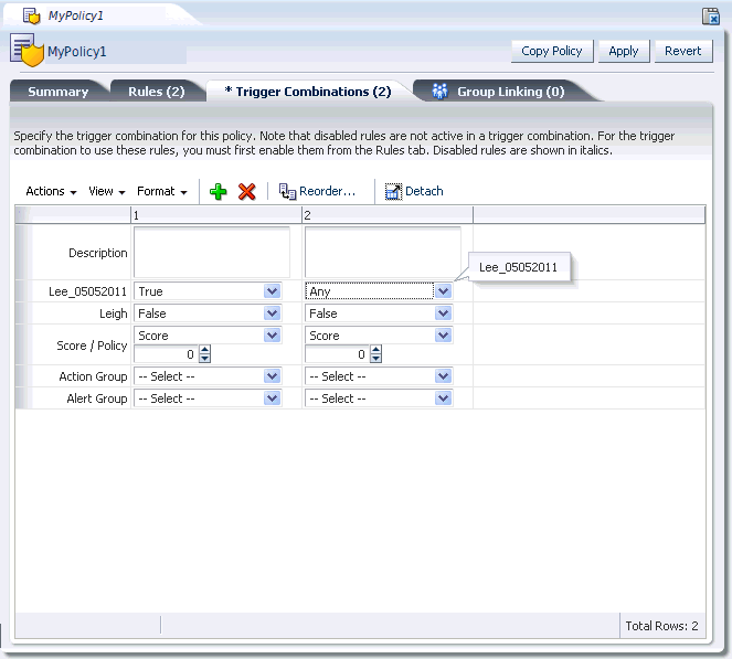 The trigger combination tab is shown.