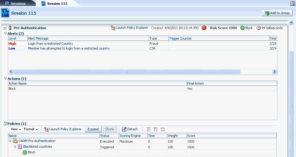Session alerts and actions are shown.