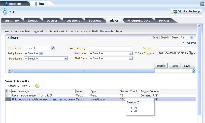 The User Details&rsquo; Alerts tab is shown.