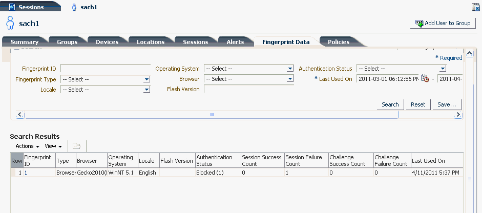 Fingerprint data is shown for the user.