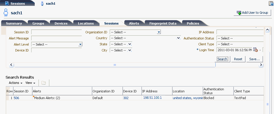 The user details sessions tab is shown.