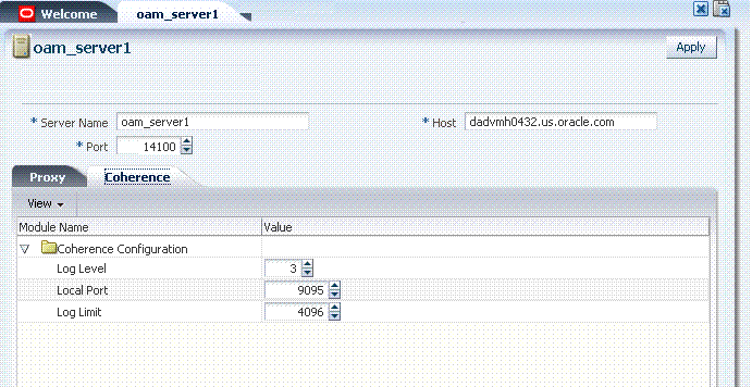 Coherence Page and Values for an Individual OAM Server Coherence Page and Values for an Individual OAM Server