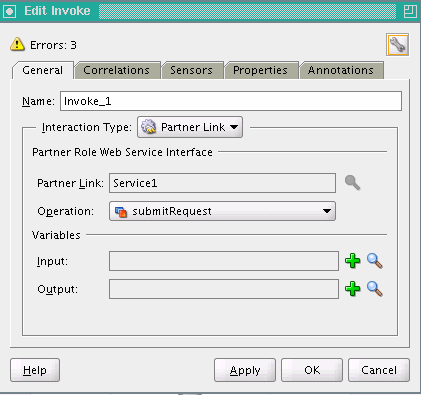 Edit Invoke dialog for BPEL activity Edit Invoke dialog for BPEL activity