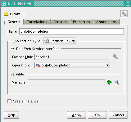 Edit Receive window for onJobCompletion Receive activity Edit Receive window for onJobCompletion Receive activity