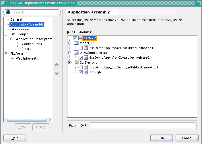 Setting application assembly options for the EAR file. Setting application assembly options for the EAR file.