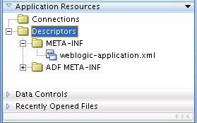 Viewing weblogic-application.xml in Application Resources. Viewing weblogic-application.xml in Application Resources.
