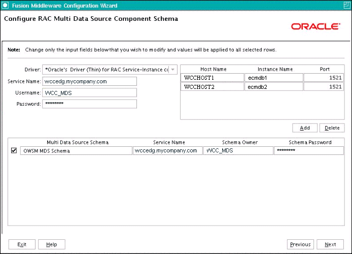 Configure RAC Multi Data Source Component Schema screen Configure RAC Multi Data Source Component Schema screen