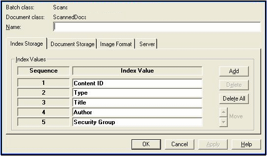 Index Storage Tab screen Index Storage Tab screen