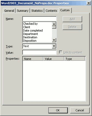 Graphic showing Word 2003 Doc without custom properties Graphic showing Word 2003 Doc without custom properties