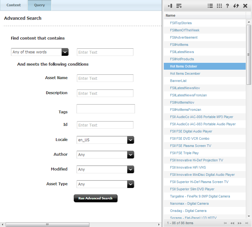 Image shows the docked search results from the contentquery