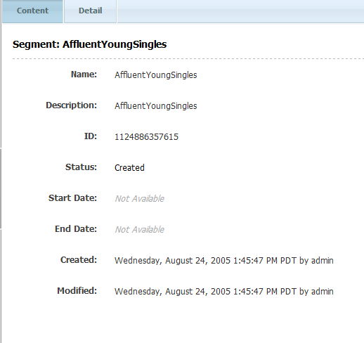 Content tab of existing segment