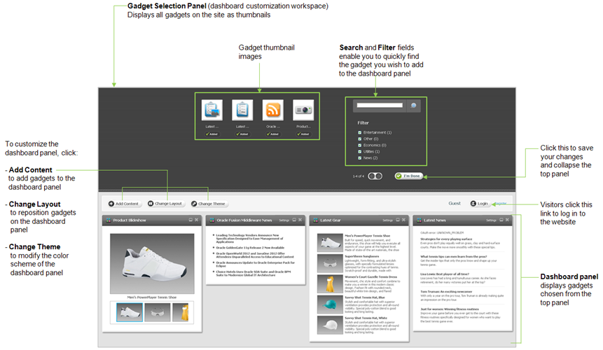Dashboard displaying the gadget selection panel