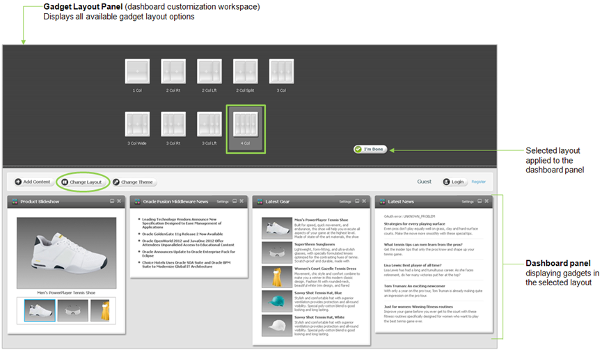 Dashboard displaying the gadget layout panel
