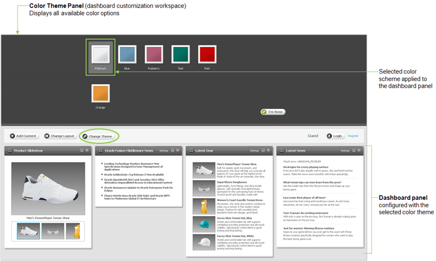 Dashboard displaying the color theme panel