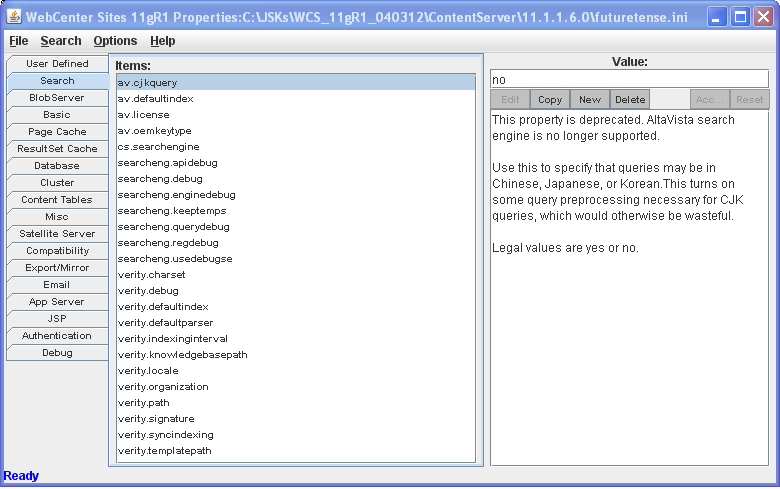 Property Editor displaying the futuretense.ini file. Property Editor displaying the futuretense.ini file.
