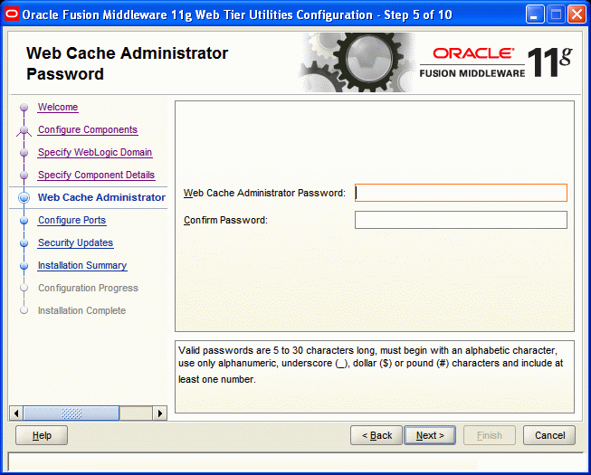 Web Cache Administrator Password screen Web Cache Administrator Password screen