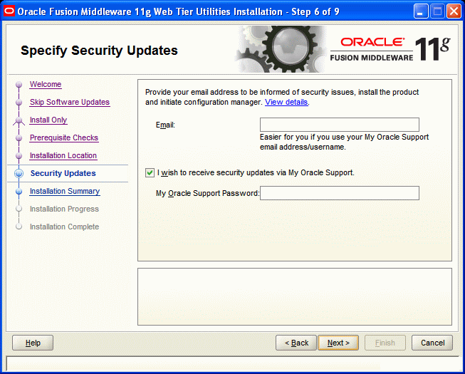 Specify Security Updates screen Specify Security Updates screen
