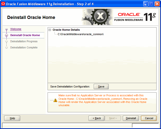 Deinstall Oracle Home screen Deinstall Oracle Home screen