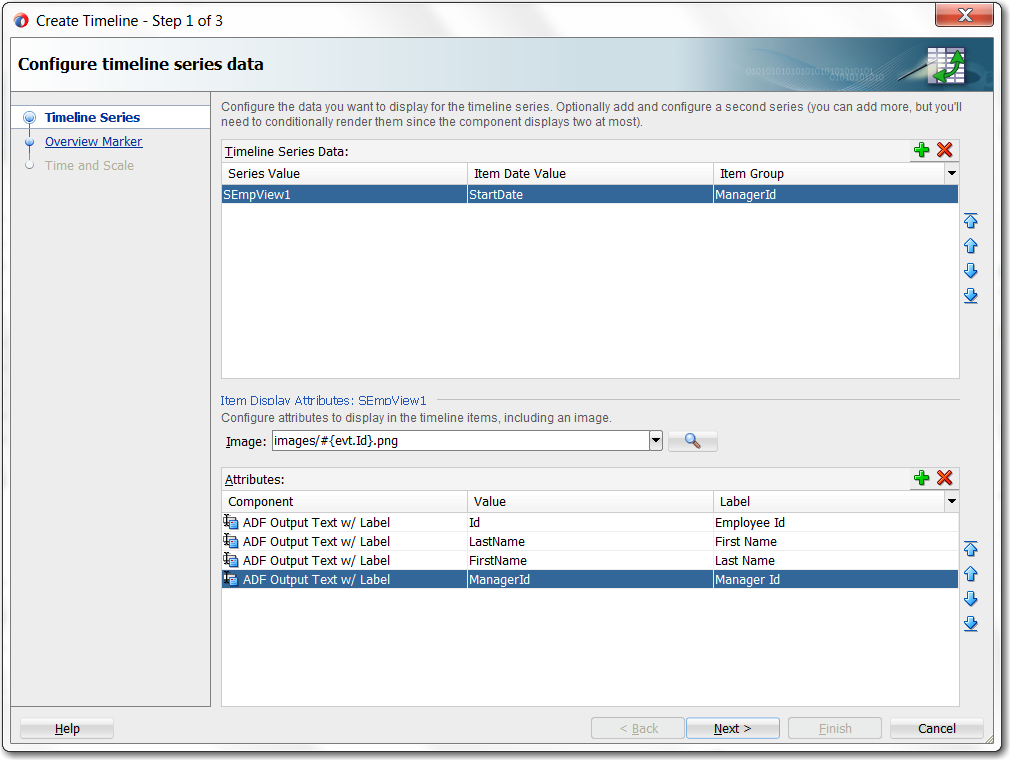 Configure Timeline Series Data Page of wizard