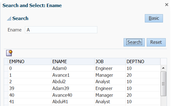 LOV search and select dialog