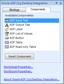 ADF Components Palette in the task pane