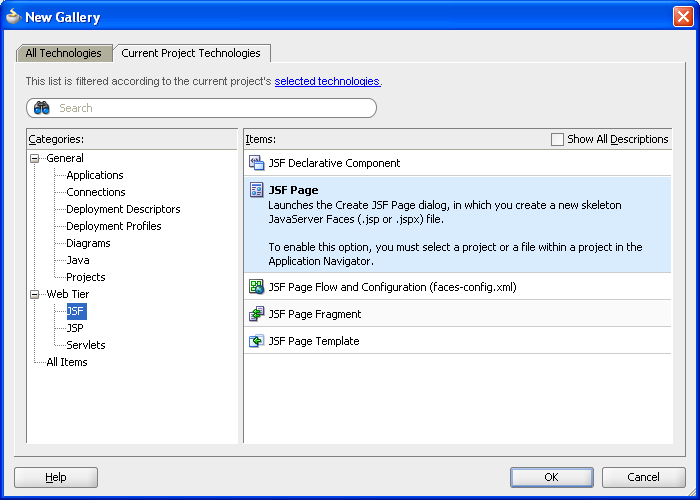 JSF category and JSF Page item are selected