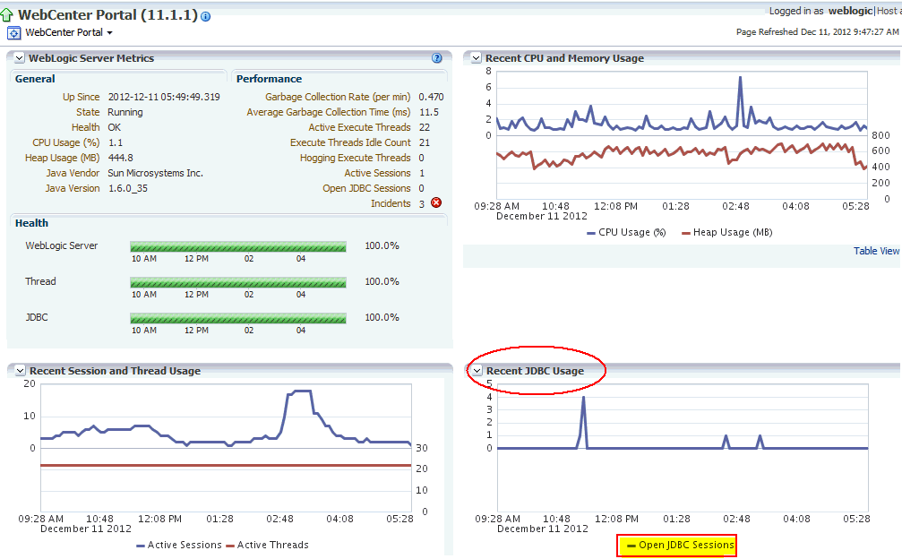 Recent WebLogic Server Metrics Page - JDBC Recent WebLogic Server Metrics Page - JDBC