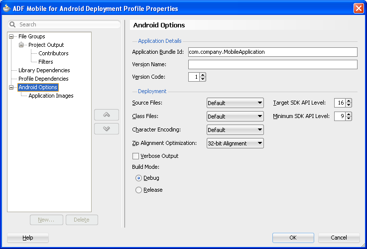 Enter basic Android deployment options.