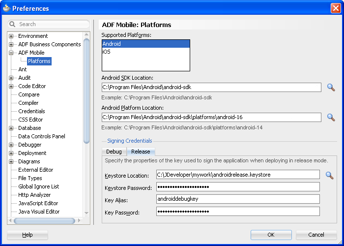 Setting the Android SDK and platform information.