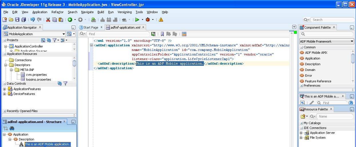 The source editor for adfmf-application.xml The source editor for adfmf-application.xml
