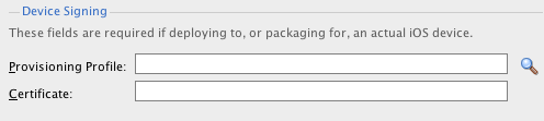 Enter provisioning profile location and certificate name.