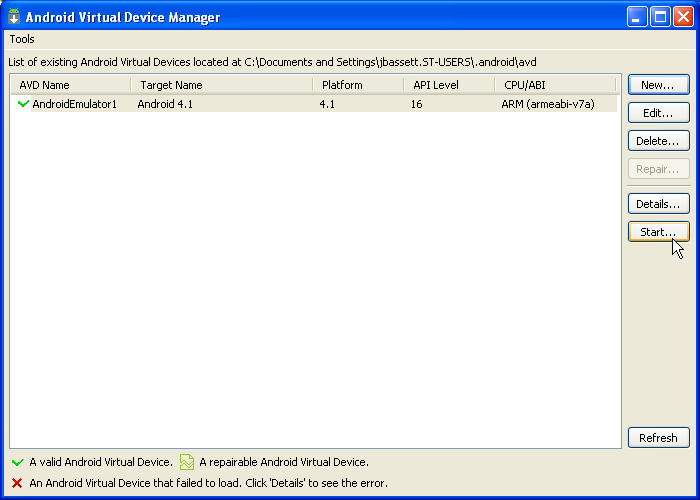 Using Android SDK tools to start emulator.