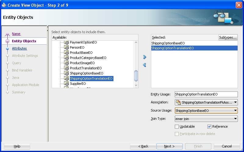 Entity Object page in View Object wizard
